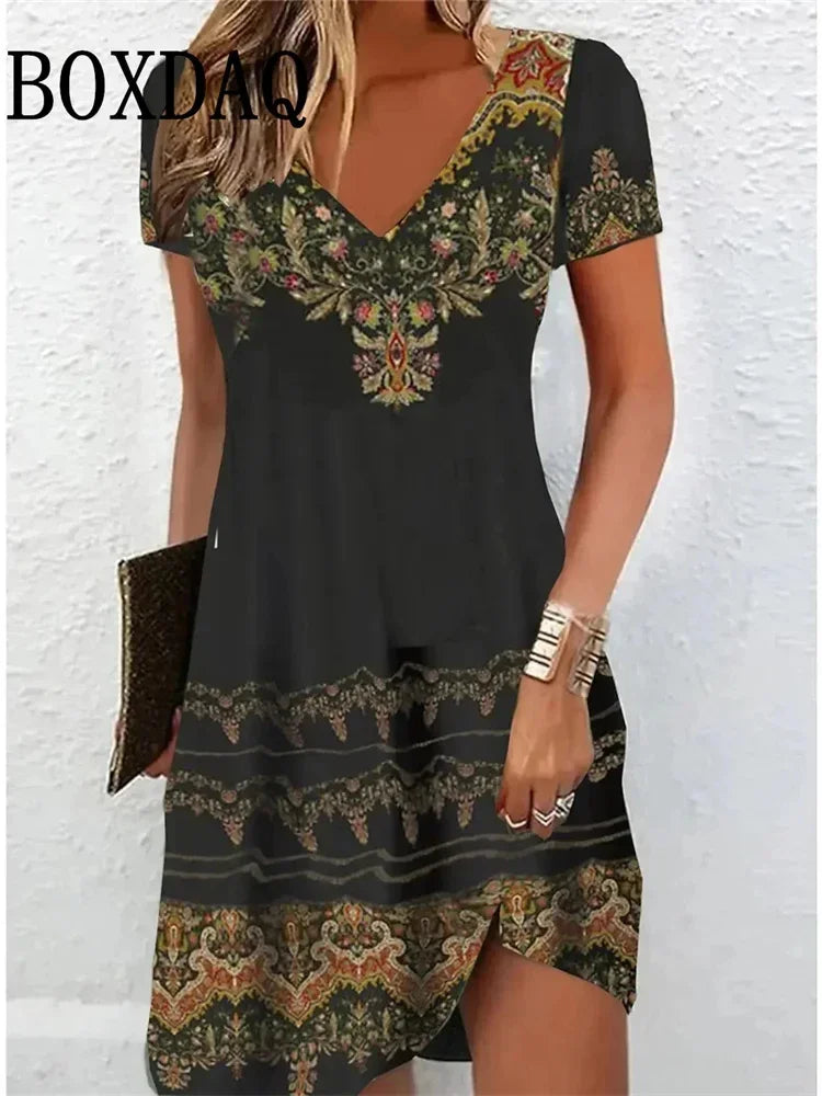 Navy Floral Print V-Neck Midi Dress