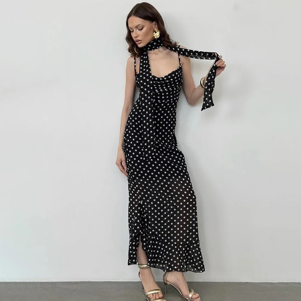 Polka Dot Cowl Neck Maxi Party Dress