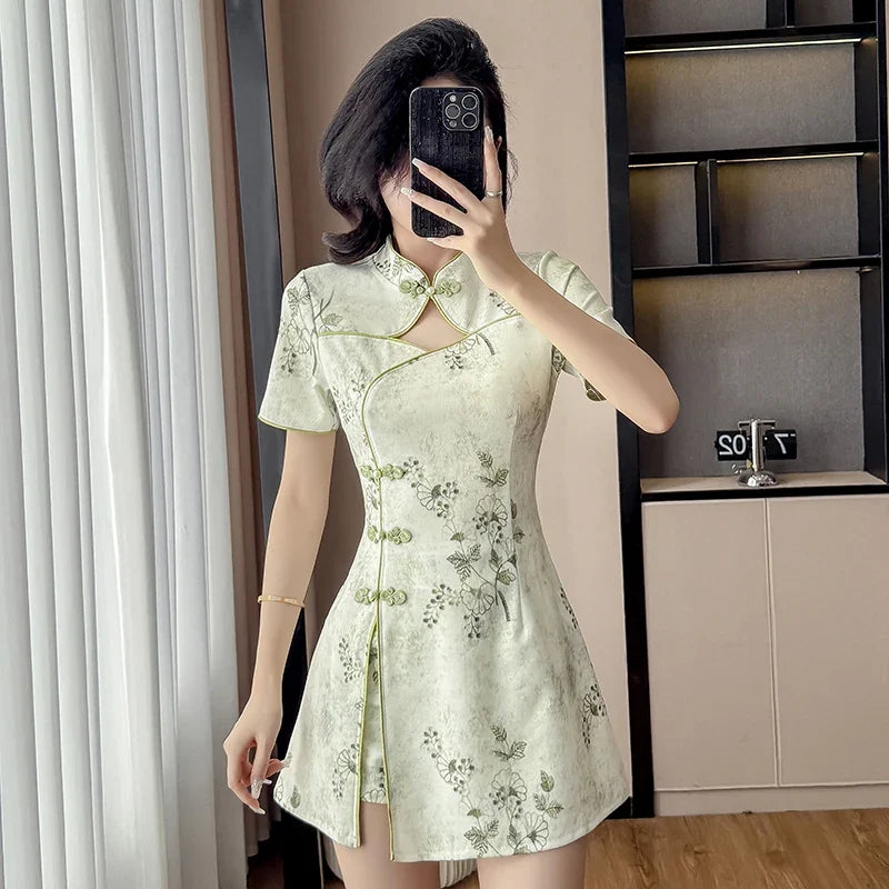 Floral Print Cheongsam Mini Dress