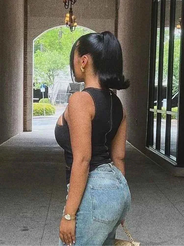 Cut-Out Denim-Look Tank Top