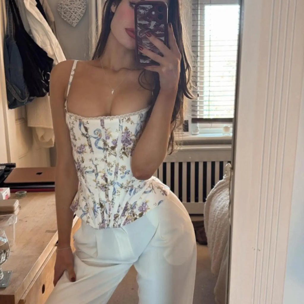 Floral Lace-Up Corset Top