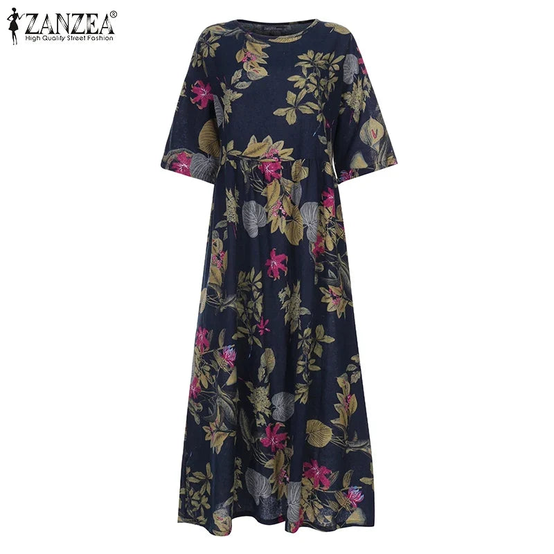 Cream Tropical Floral Midi Dress