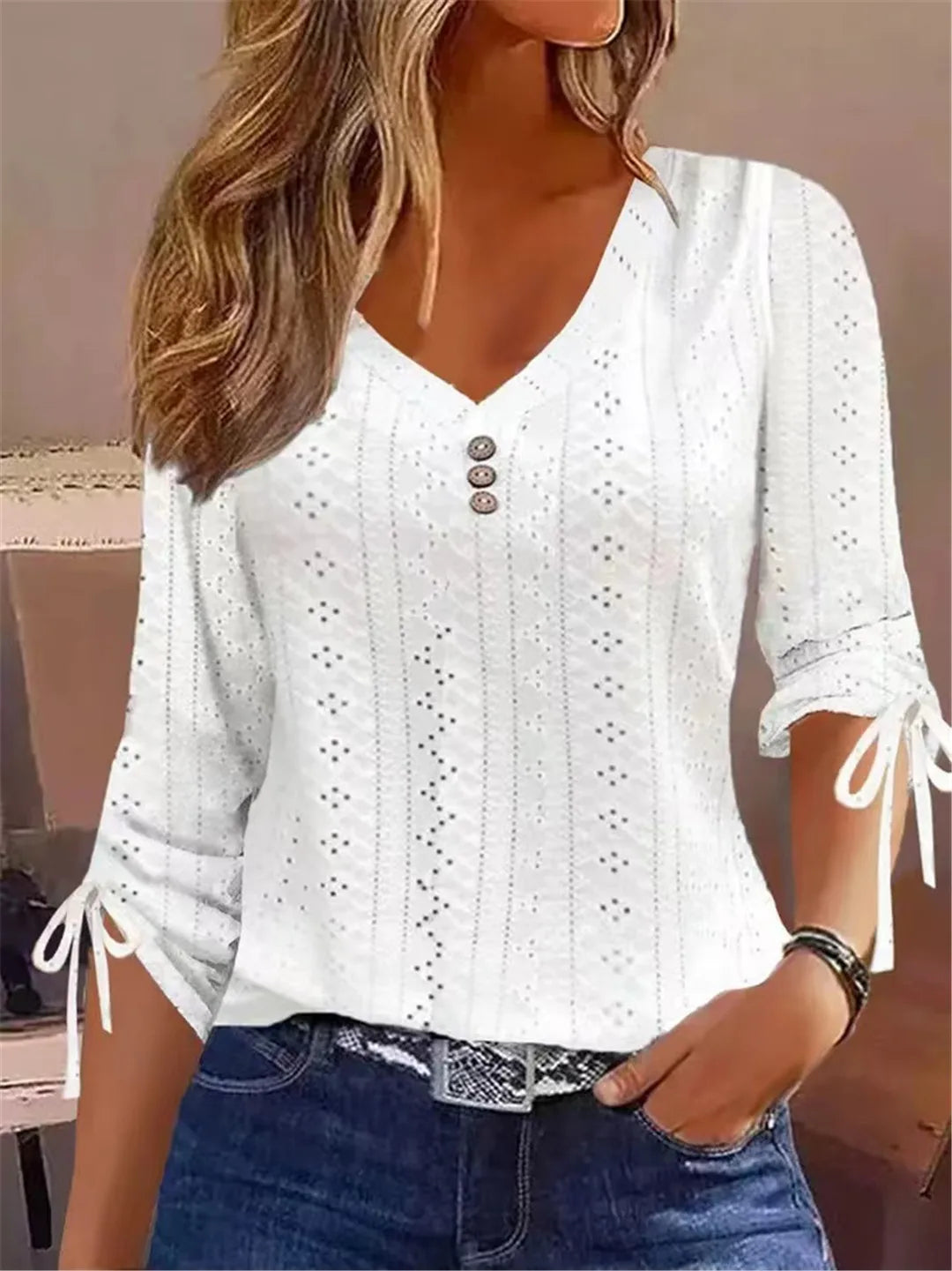 Eyelet Cutwork V-Neck Blouse