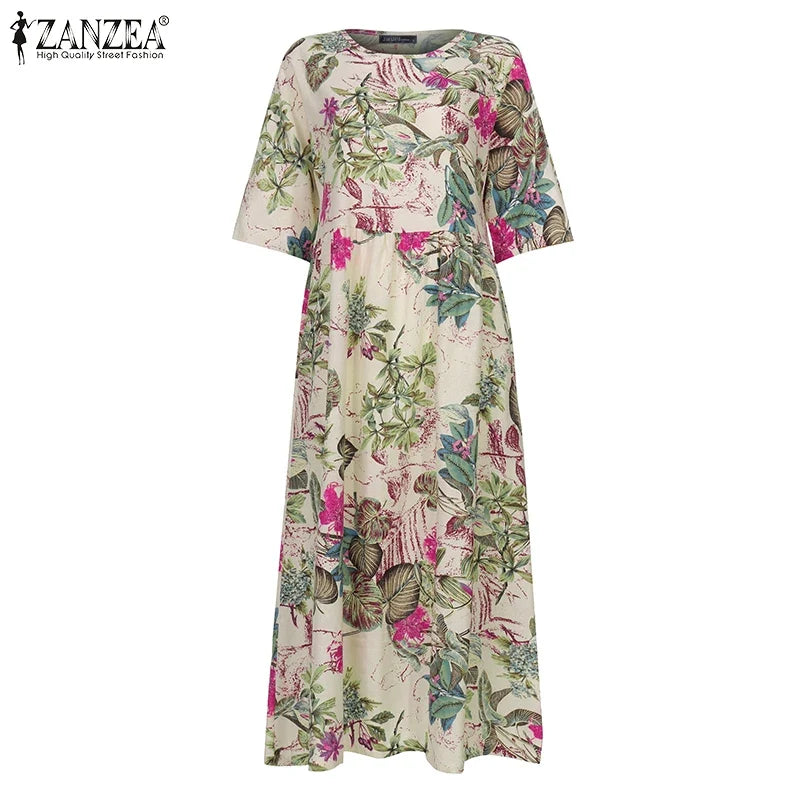 Cream Tropical Floral Midi Dress