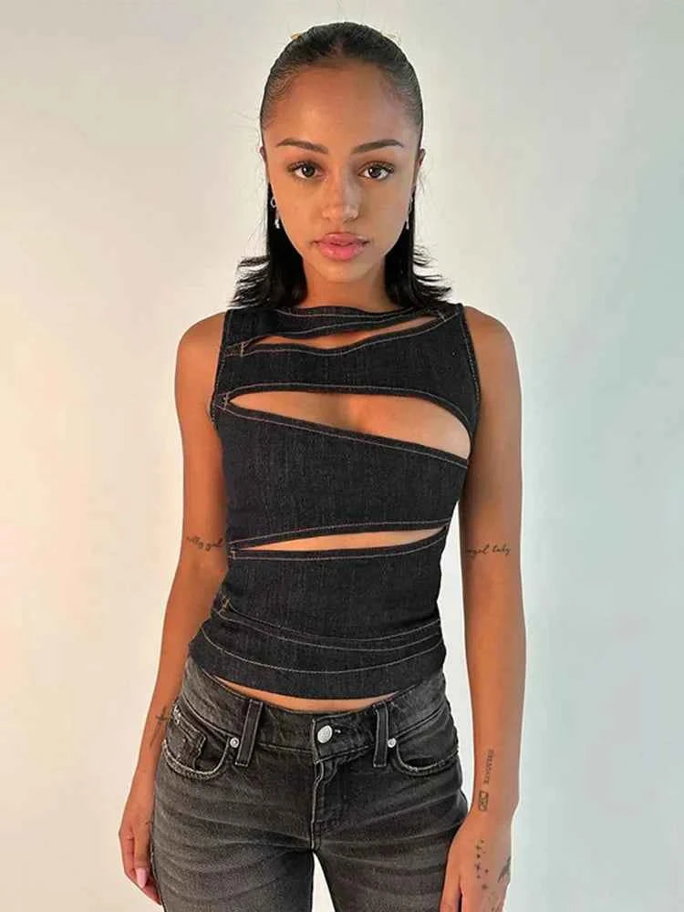 Cut-Out Denim-Look Tank Top