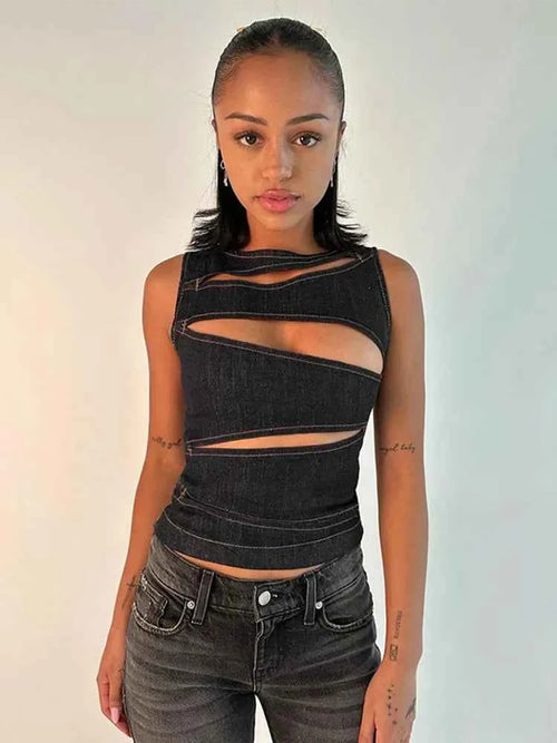 Cut-Out Denim-Look Tank Top