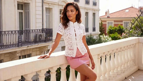Fitted Lace Mandarin Collar Blouse