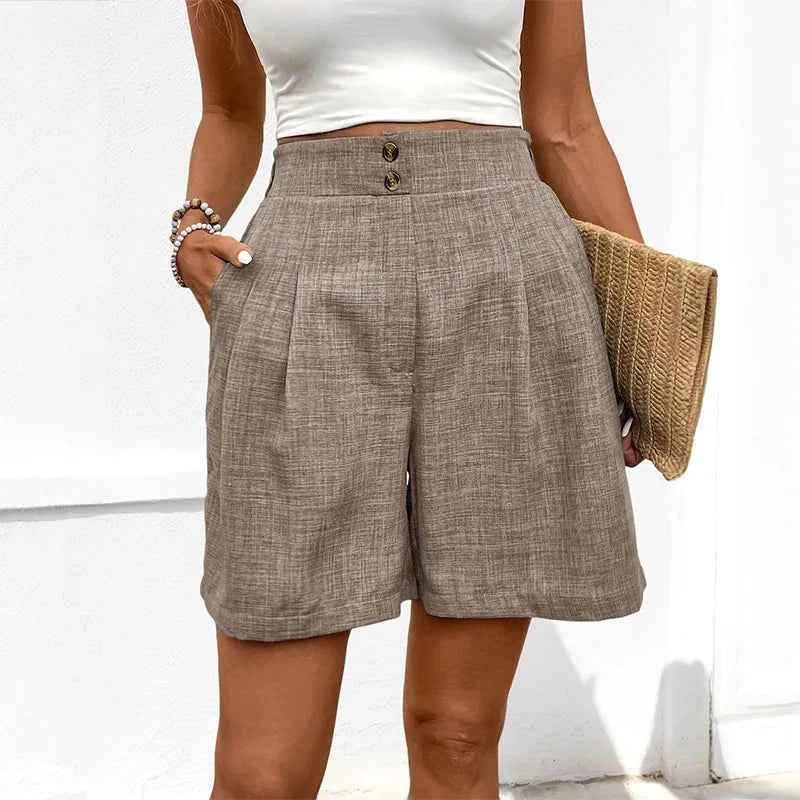 Blue Pleated High-Waisted Shorts