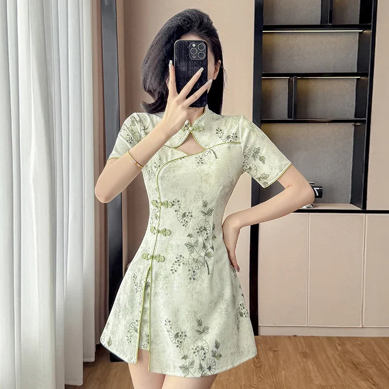 Floral Print Cheongsam Mini Dress