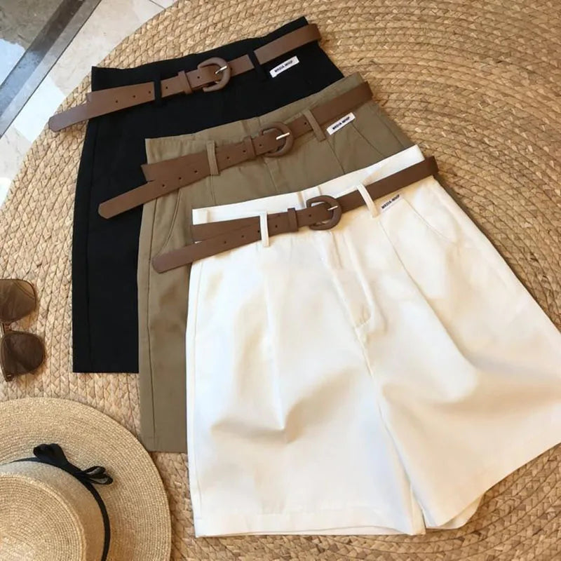 White Tailored Belted Shorts