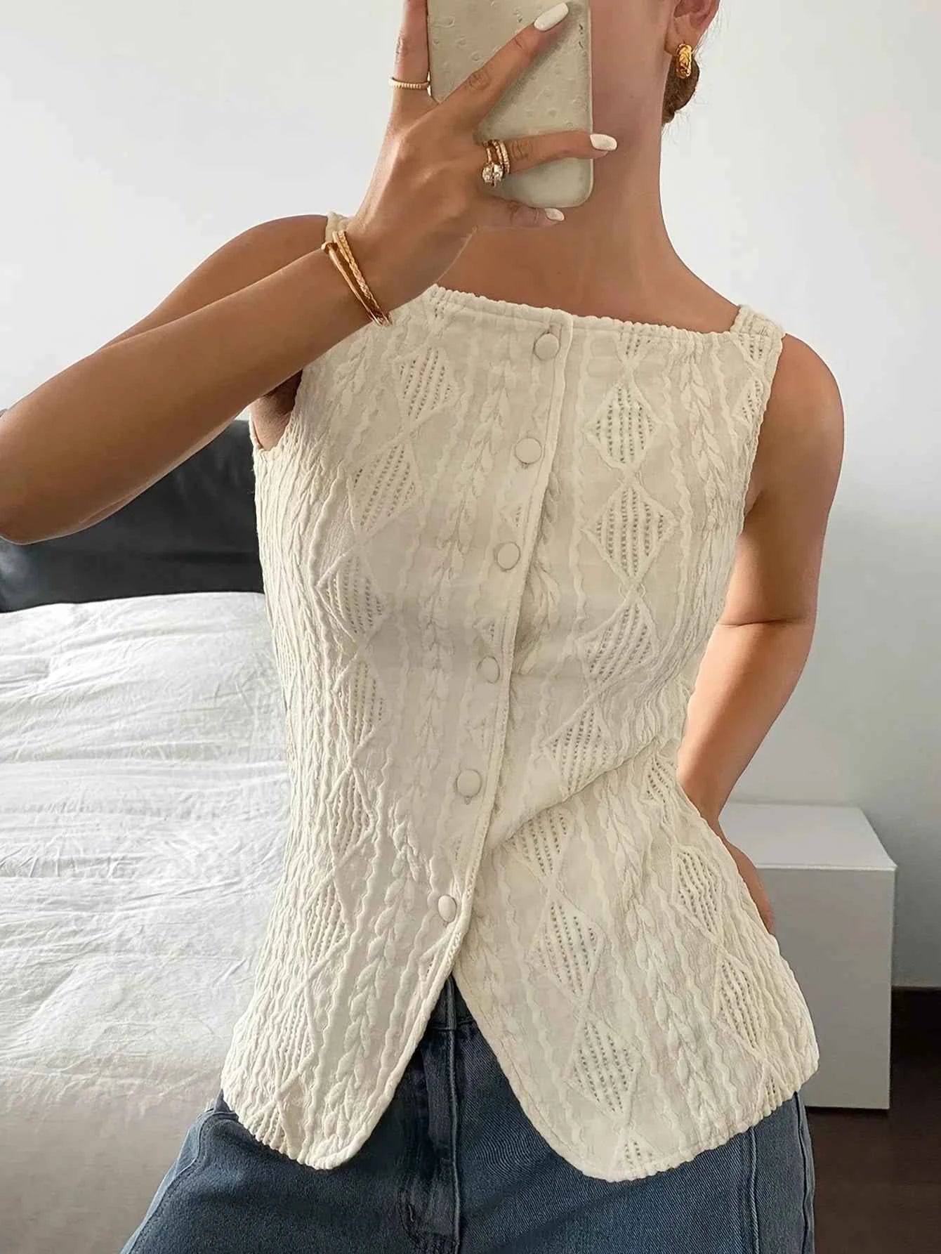 Textured Button-Front Blouse