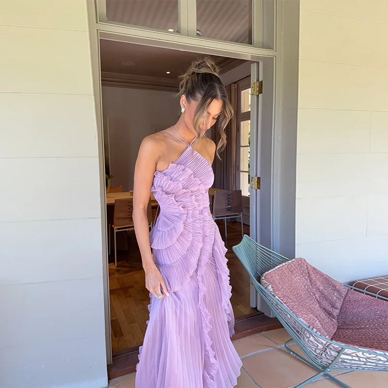 Lilac Pleated Ruffle Halter Maxi Dress