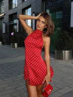 Black Polka Dot Halter Mini Dress