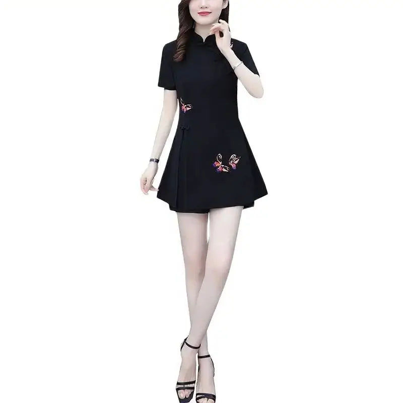 Embroidered Mandarin Collar Shorts Set