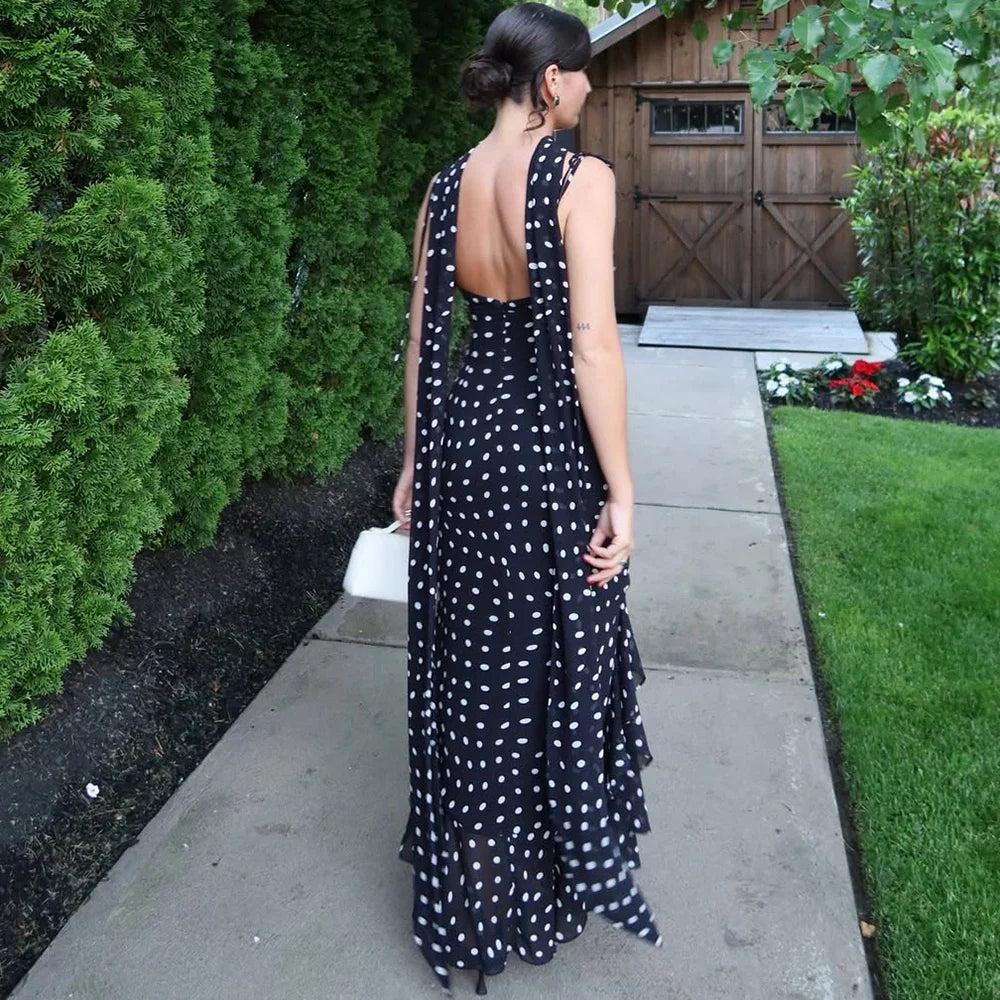 Polka Dot Cowl Neck Maxi Party Dress