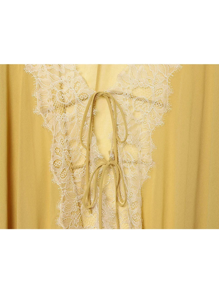 Mustard Lace-Trim Tie-Front Blouse