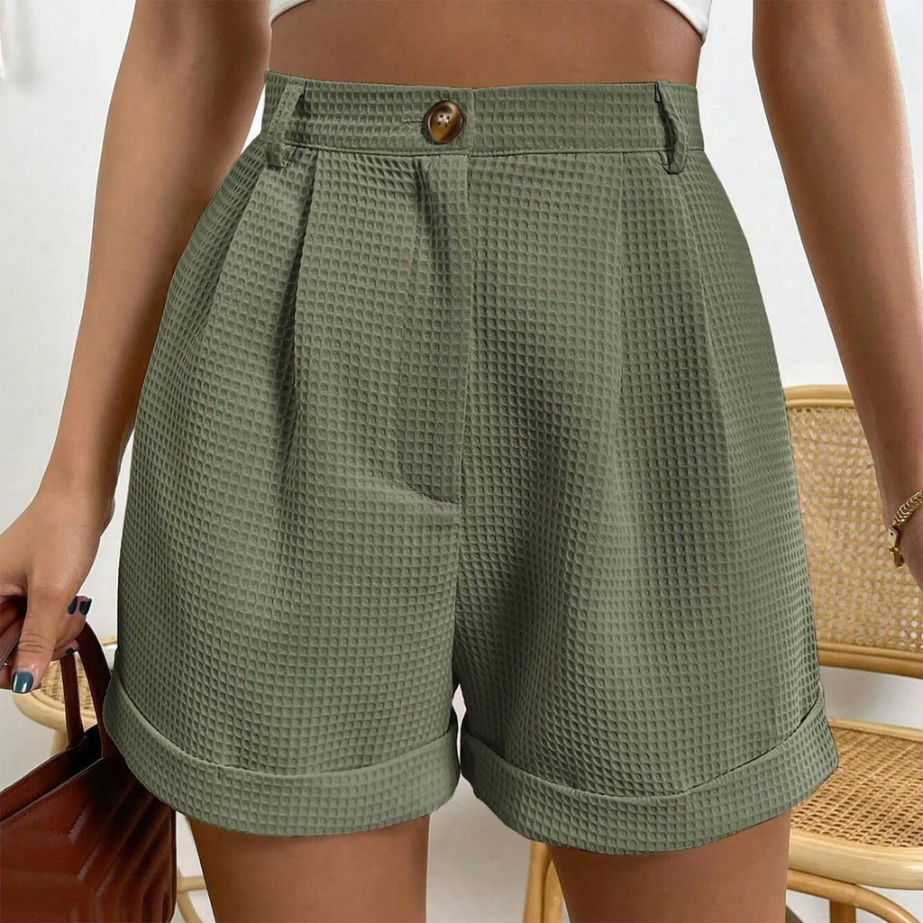 Cream Waffle-Texture High-Waisted Shorts