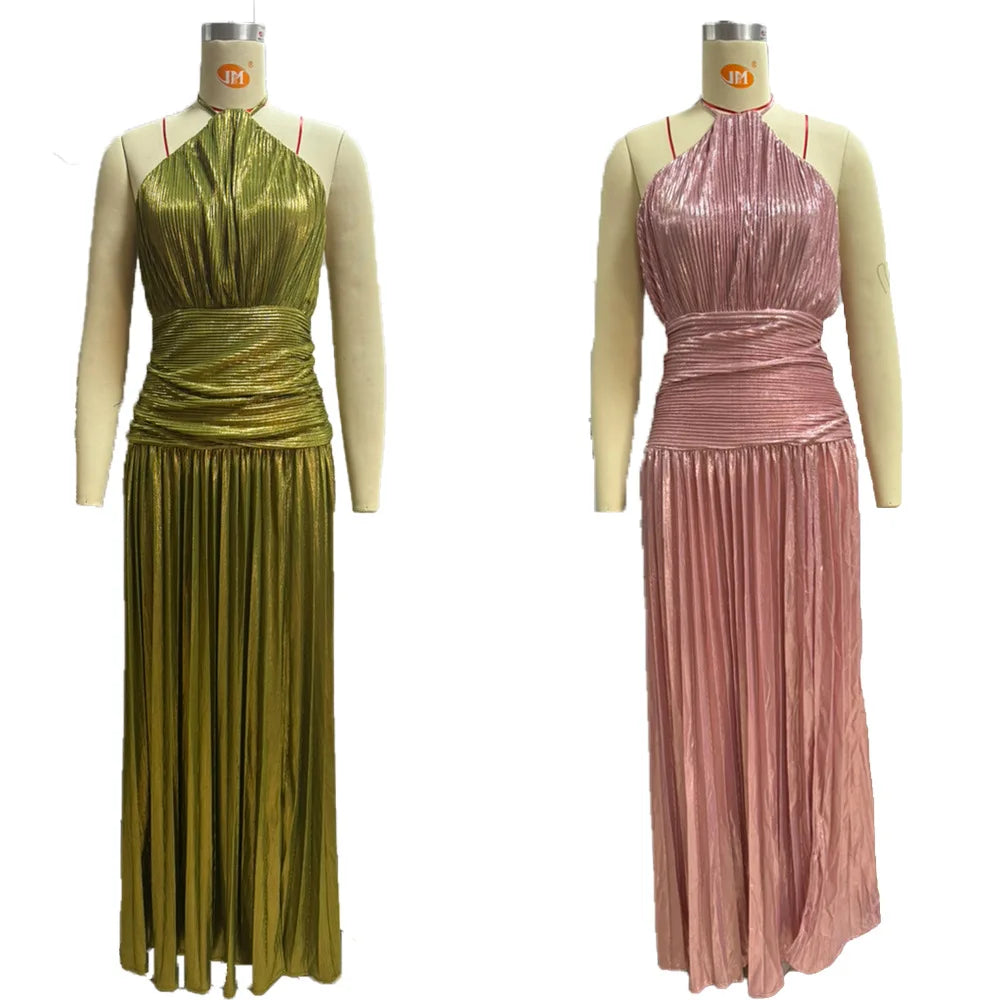Metallic Pleated Halter Maxi Dress