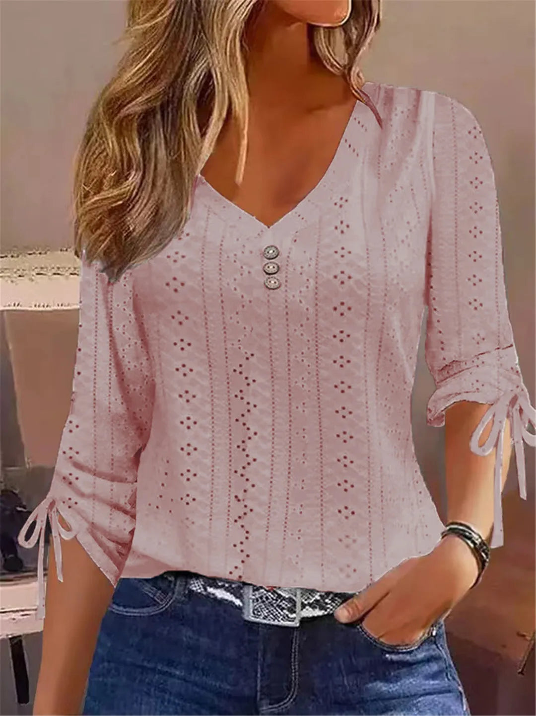 Eyelet Cutwork V-Neck Blouse