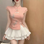 Pink Embroidered Mandarin Collar Top