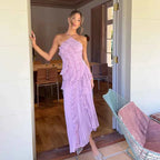 Lilac Pleated Ruffle Halter Maxi Dress