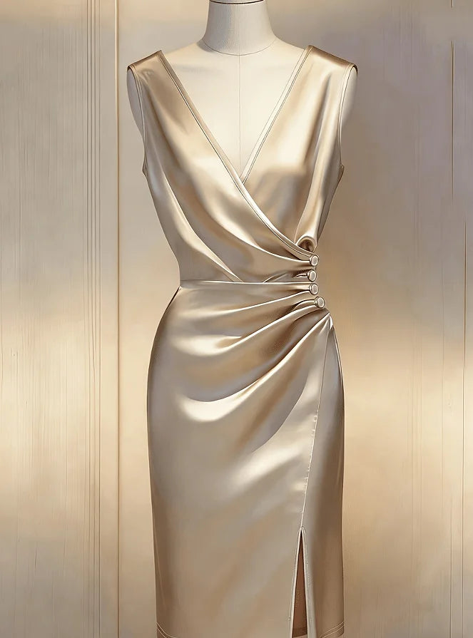 Ruched Satin Midi Dress