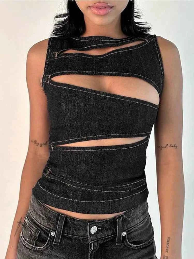 Cut-Out Denim-Look Tank Top