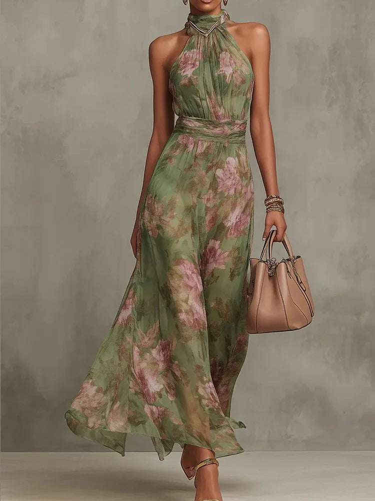 Sage Floral Halter Maxi Dress