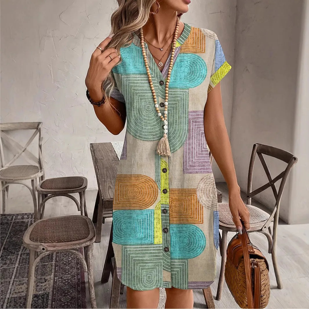 Geometric Button Front Shift Dress
