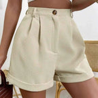 Cream Waffle-Texture High-Waisted Shorts
