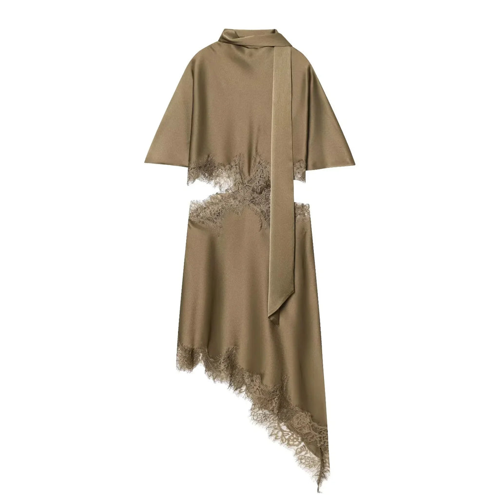 Lace Trim Scarf Collar Mini Dress