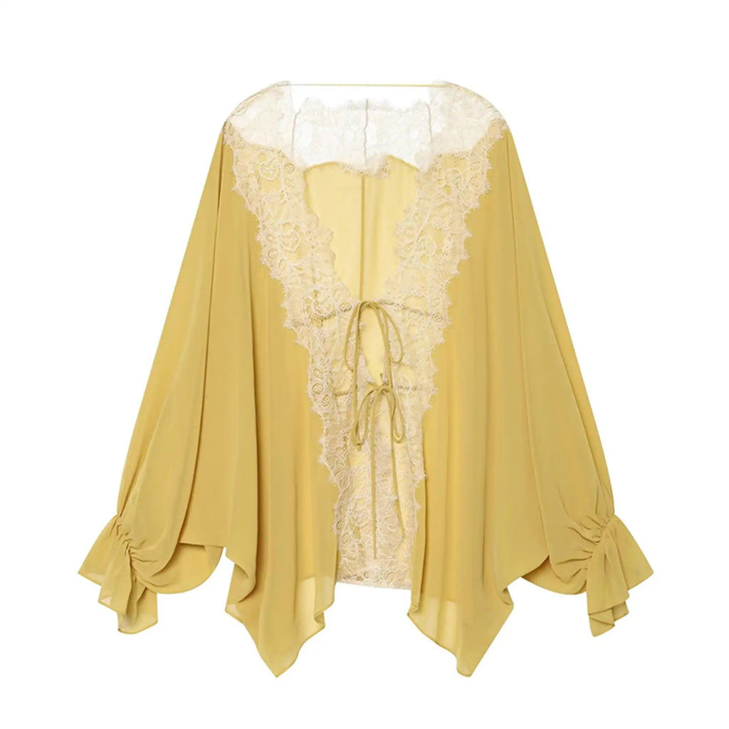 Mustard Lace-Trim Tie-Front Blouse