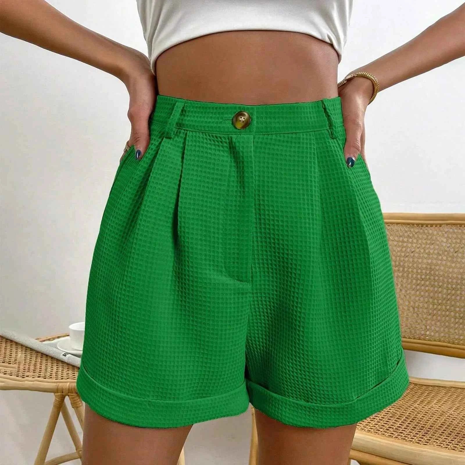 Cream Waffle-Texture High-Waisted Shorts