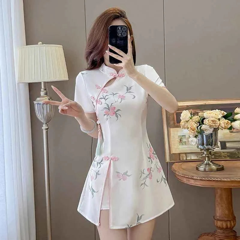 Floral Print Cheongsam Mini Dress