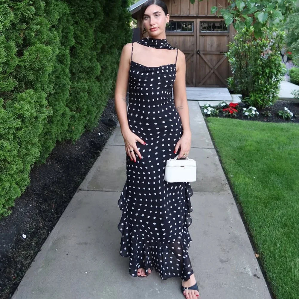 Polka Dot Cowl Neck Maxi Party Dress