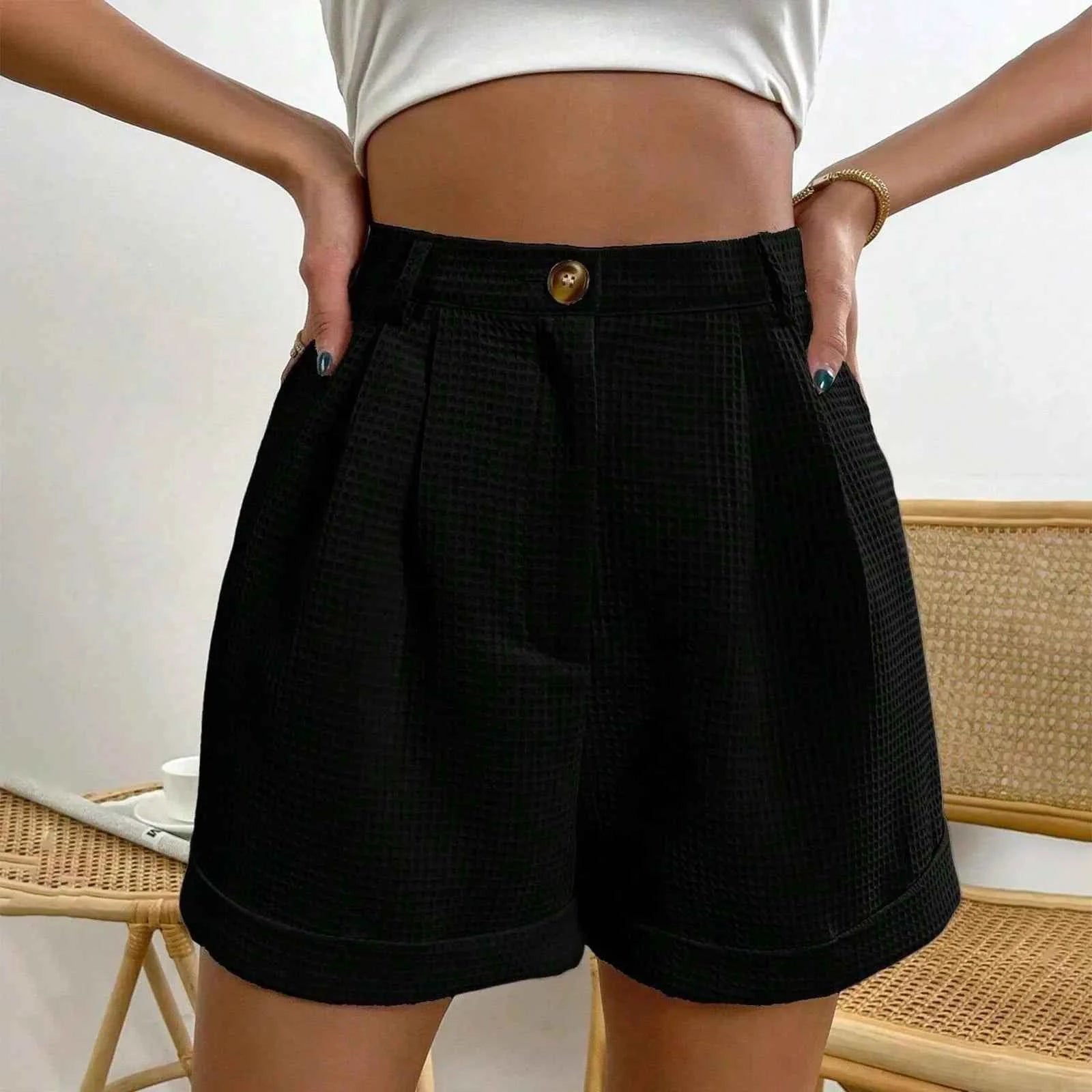 Cream Waffle-Texture High-Waisted Shorts