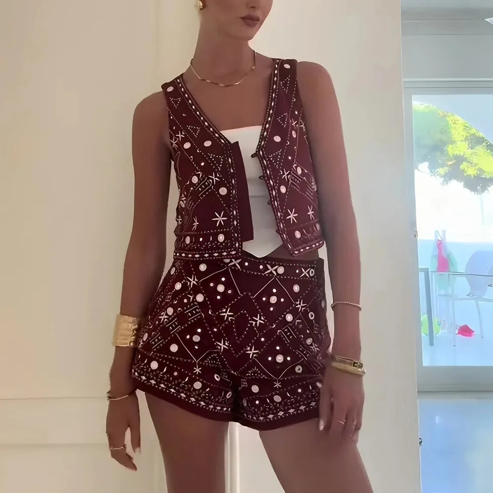 Embroidered Vest Shorts Set