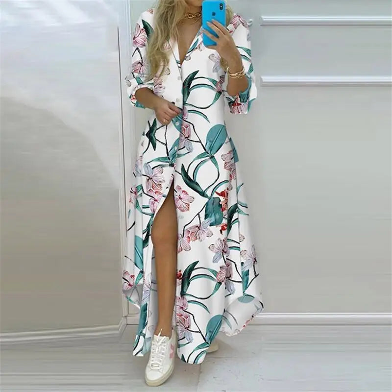 Flowing Printed Maxi Shirt Dress