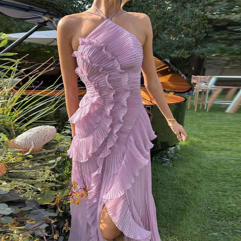 Lilac Pleated Ruffle Halter Maxi Dress