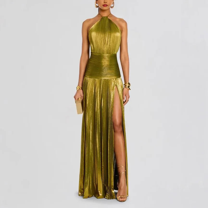 Metallic Pleated Halter Maxi Dress
