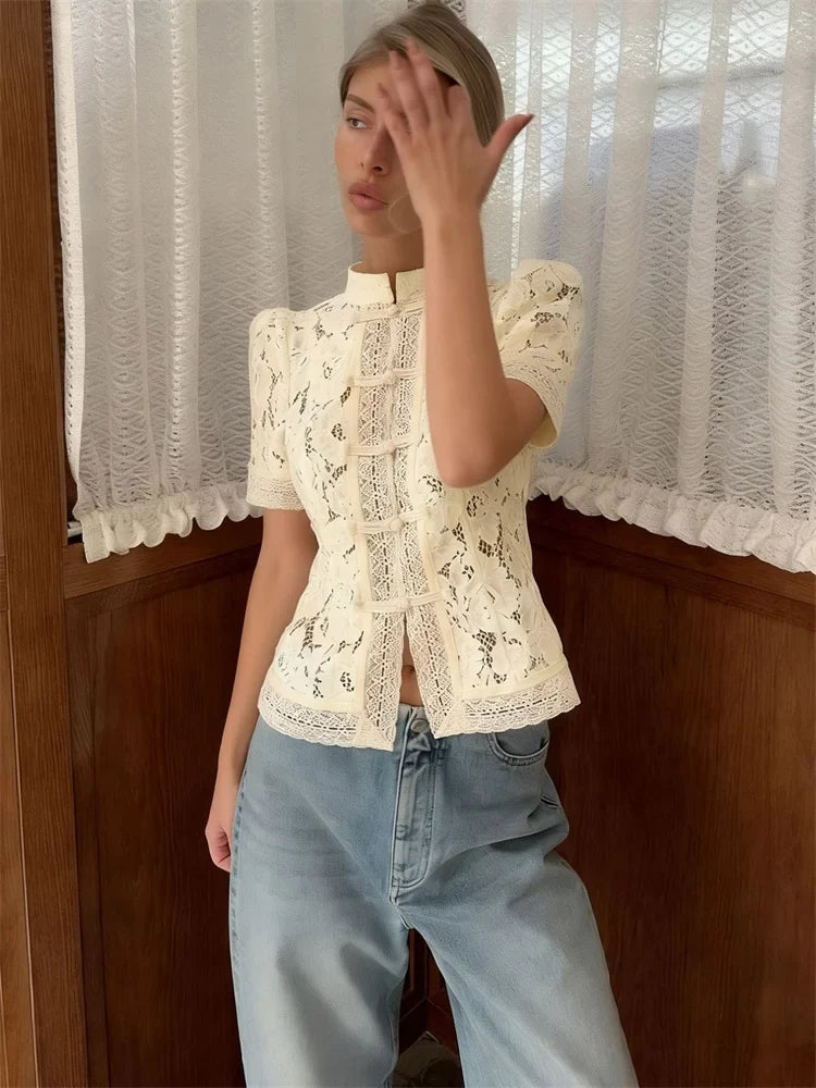 Floral Lace Frog Closure Blouse