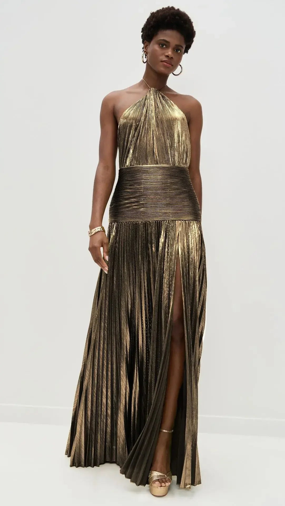 Metallic Pleated Halter Maxi Dress