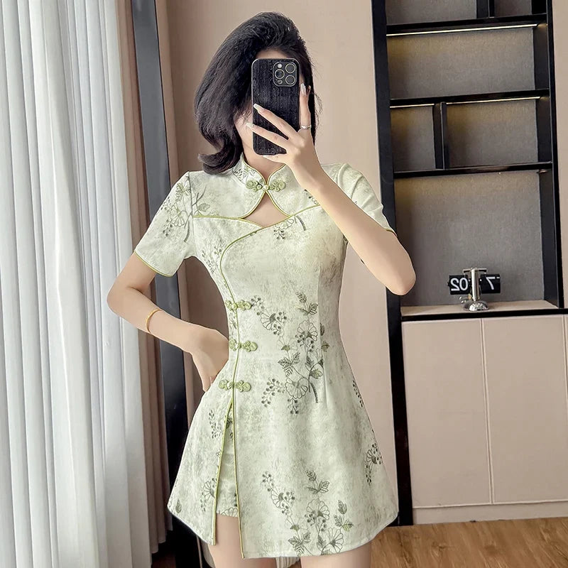 Floral Print Cheongsam Mini Dress