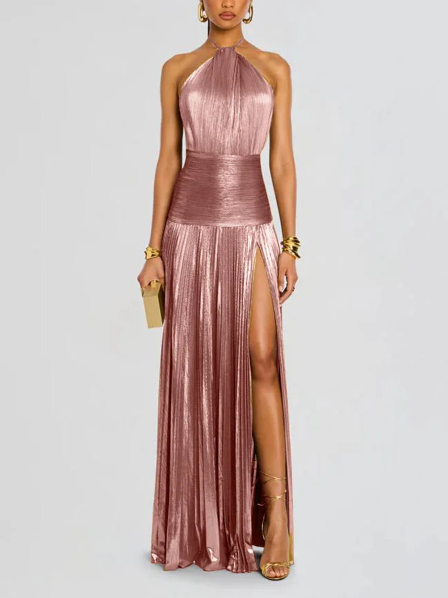 Metallic Pleated Halter Maxi Dress