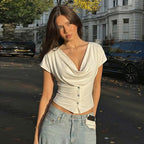 Draped Button-Front Crop Top