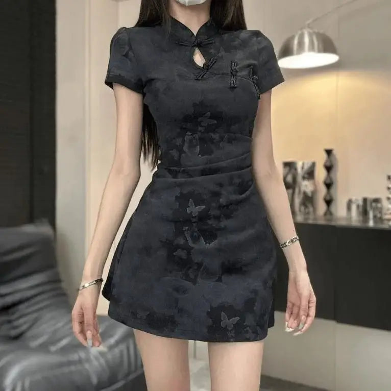 Black Butterfly Print Cheongsam Dress