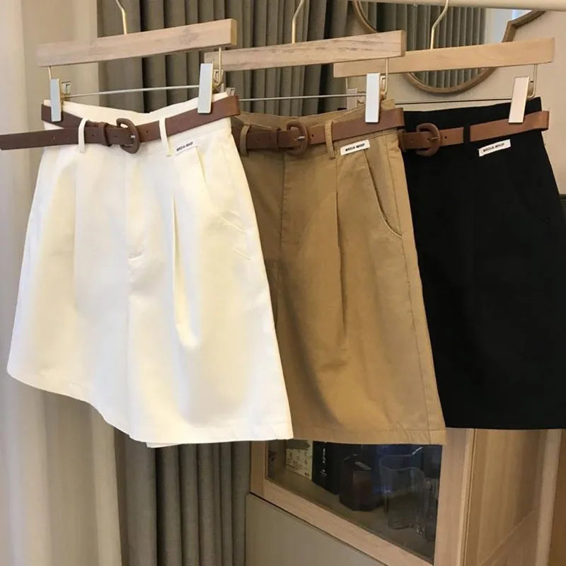 White Tailored Belted Shorts