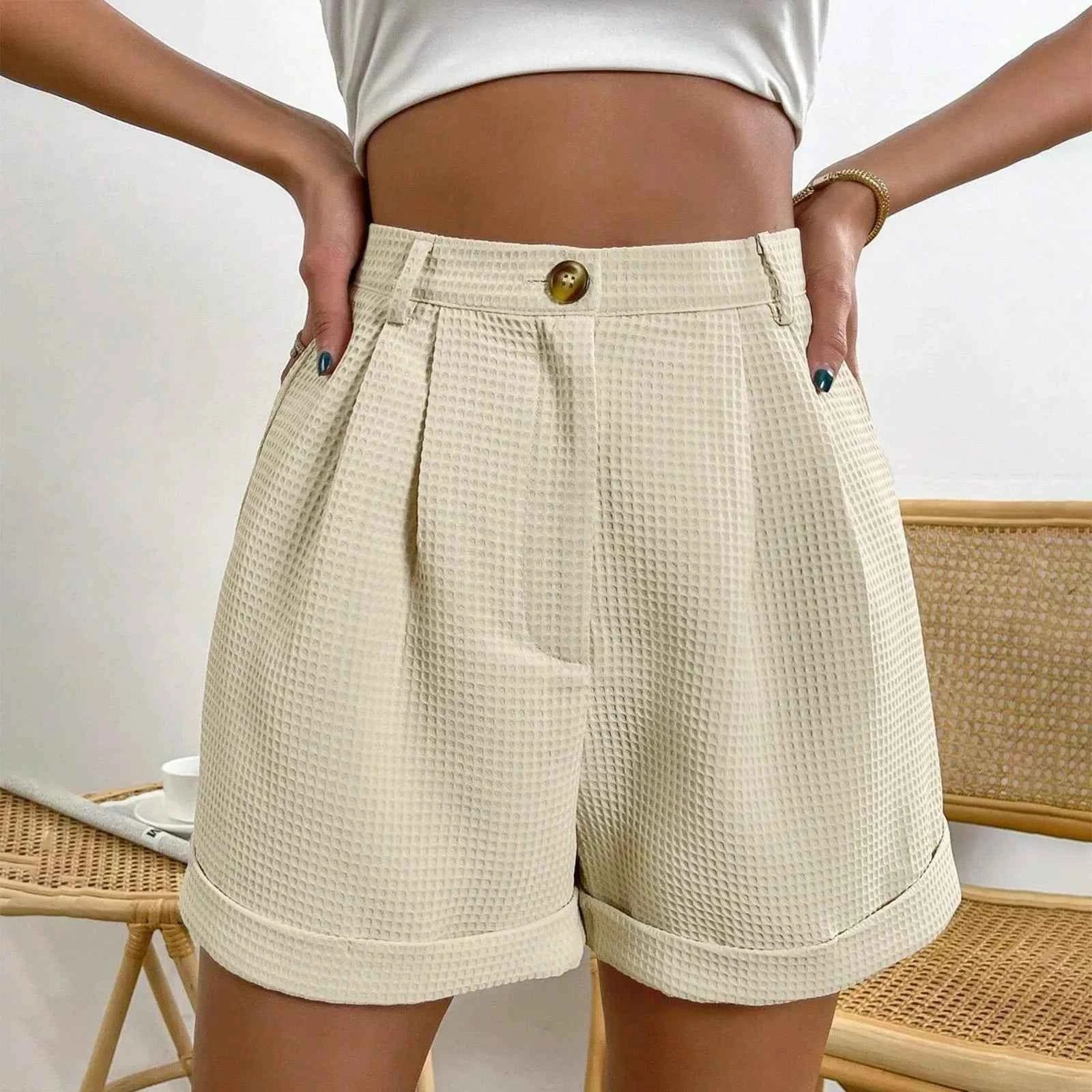 Cream Waffle-Texture High-Waisted Shorts