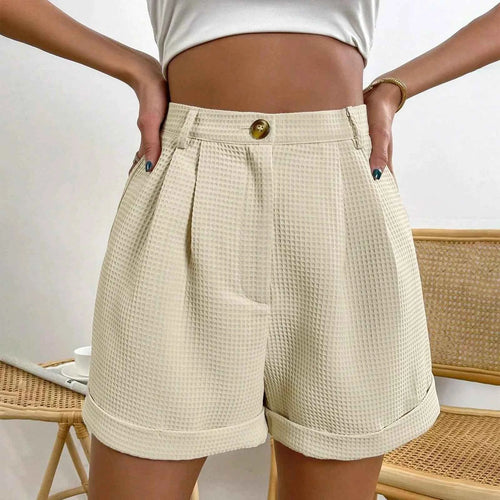 Cream Waffle-Texture High-Waisted Shorts