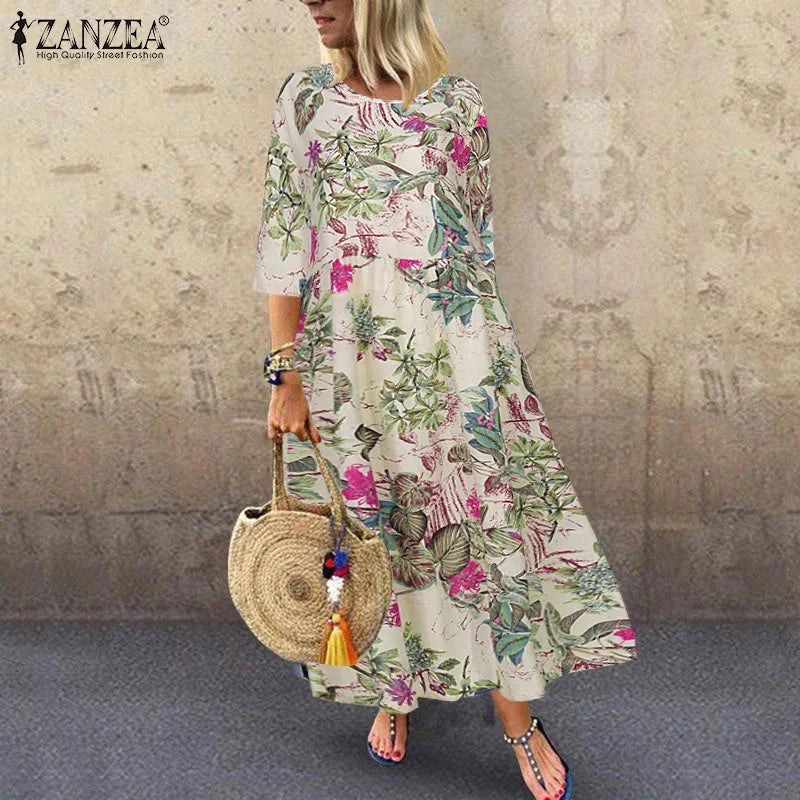 Cream Tropical Floral Midi Dress